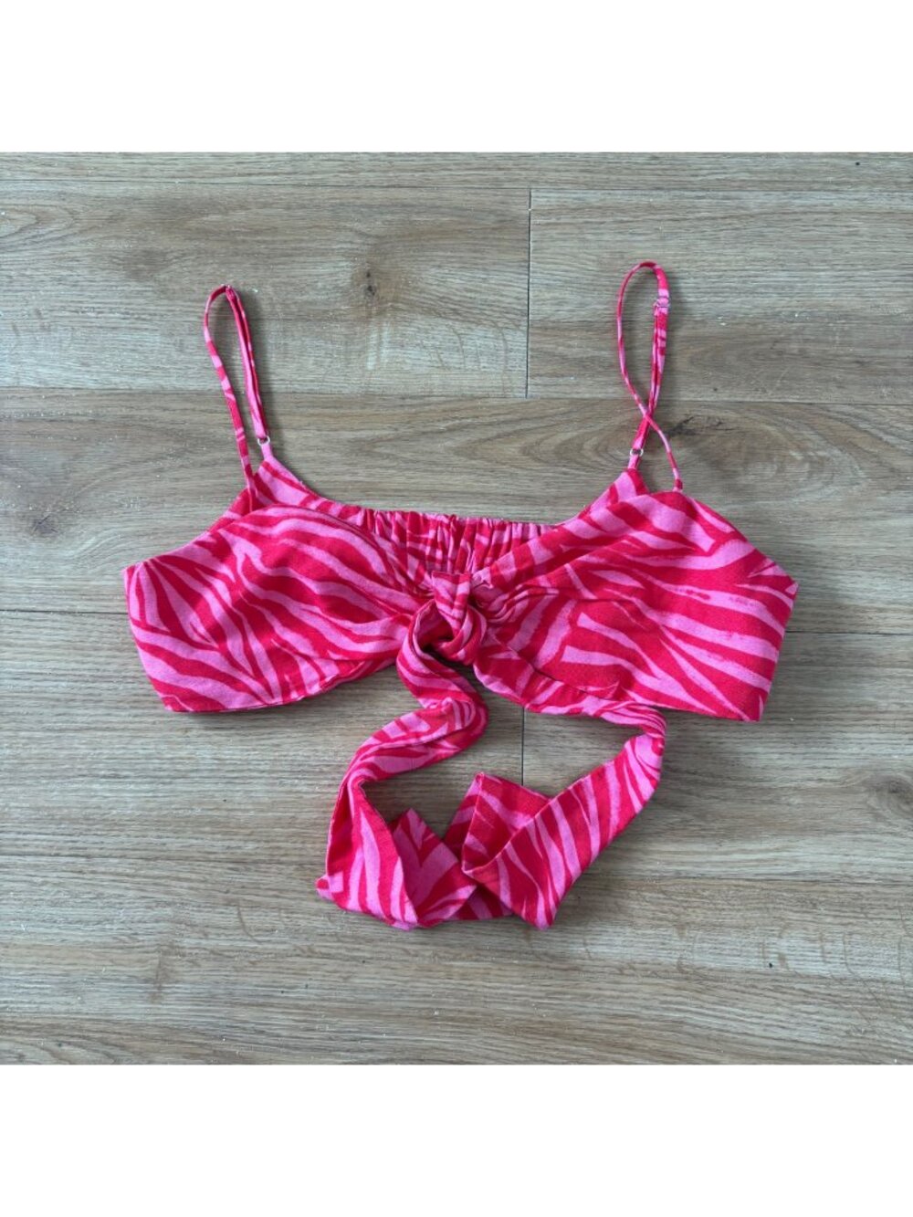 H&M Linen Blend Cropped Front Tie Bralette Tank Red Zebra Women’s Size M